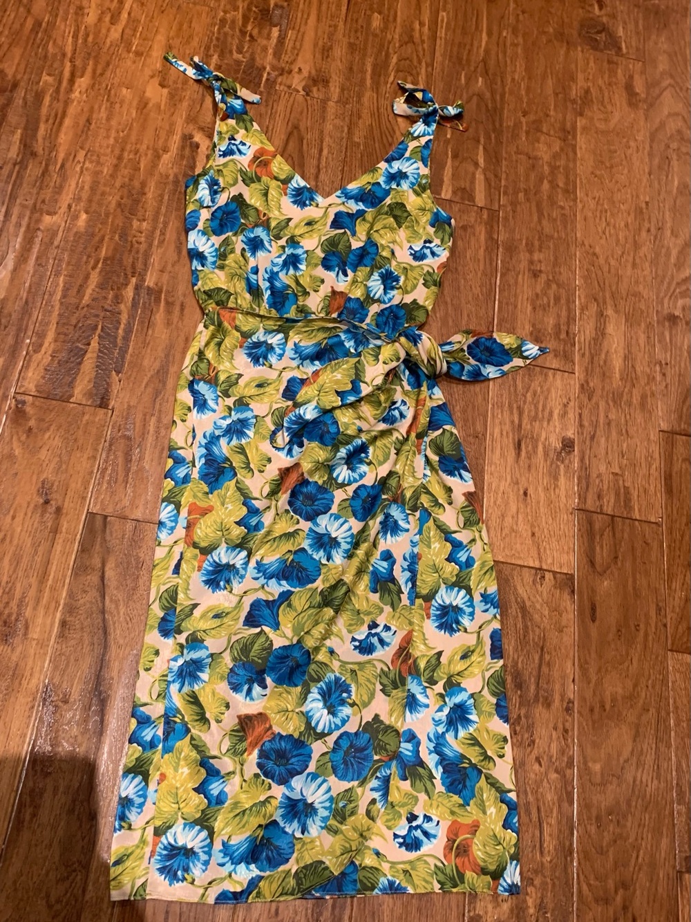 Zara Blue & Green Floral Tie-Shoulder Midi Wrap Dress